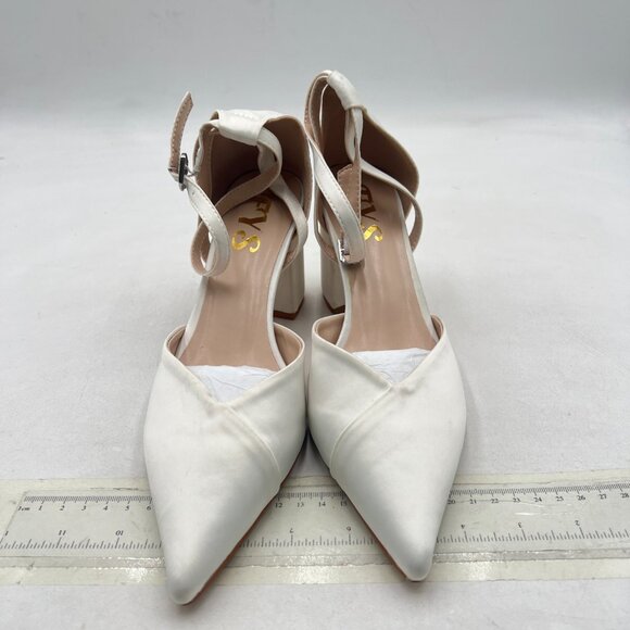 FYS White Pointed Toe Pumps Ankle Strap Chunky Mid Heel D'orsays V Cut Shoes - Picture 4 of 9